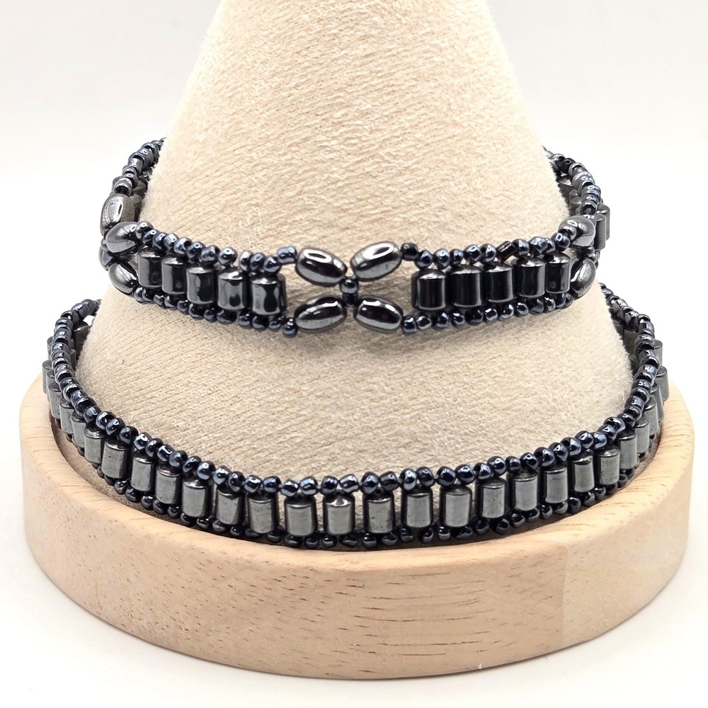 Hematite Beaded Bracelet Set of 2 with Barrel Clasp Gunmetal Gray‎ Couples Pair